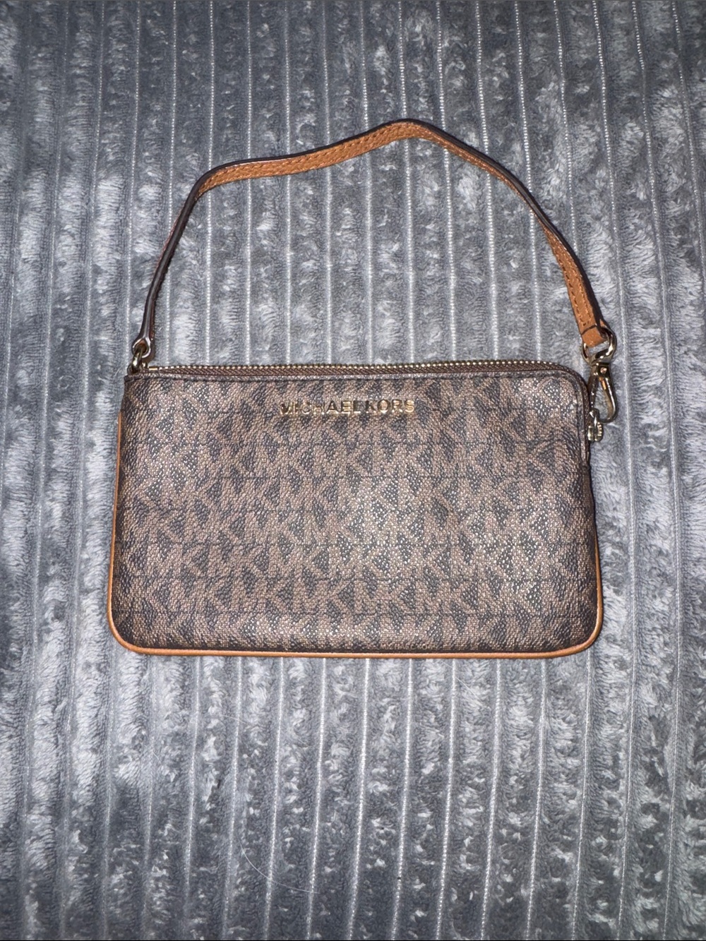 Michael Kors Brown Monogram Top-Zip Wristlet with Tan Trim